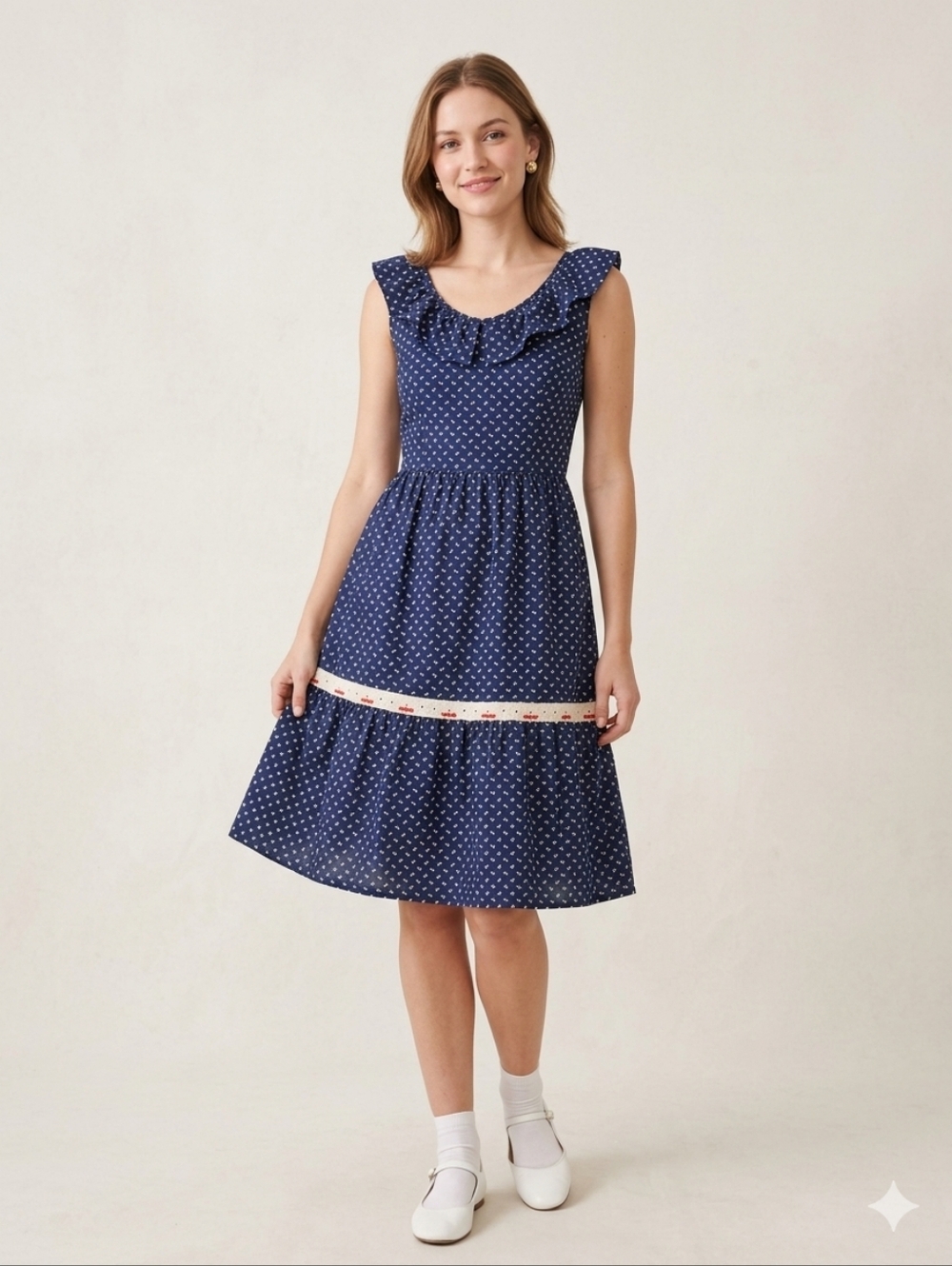 Vintage 70s Nautical Sailor Dress — Navy Bow Print Ruffle Eyelet Midi-small